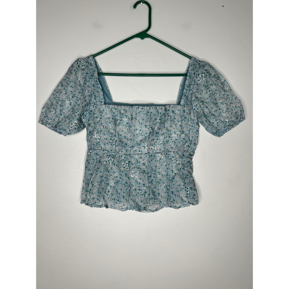 Lulus Cropped Pleated Floral Blouse Puff Sleeve Blue Green Size Small Cottage